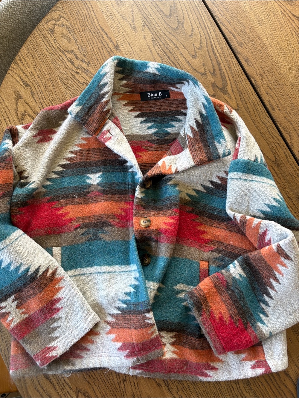 Blue B Aztec-Patterned Jean Jacket — Teal, Red & Orange